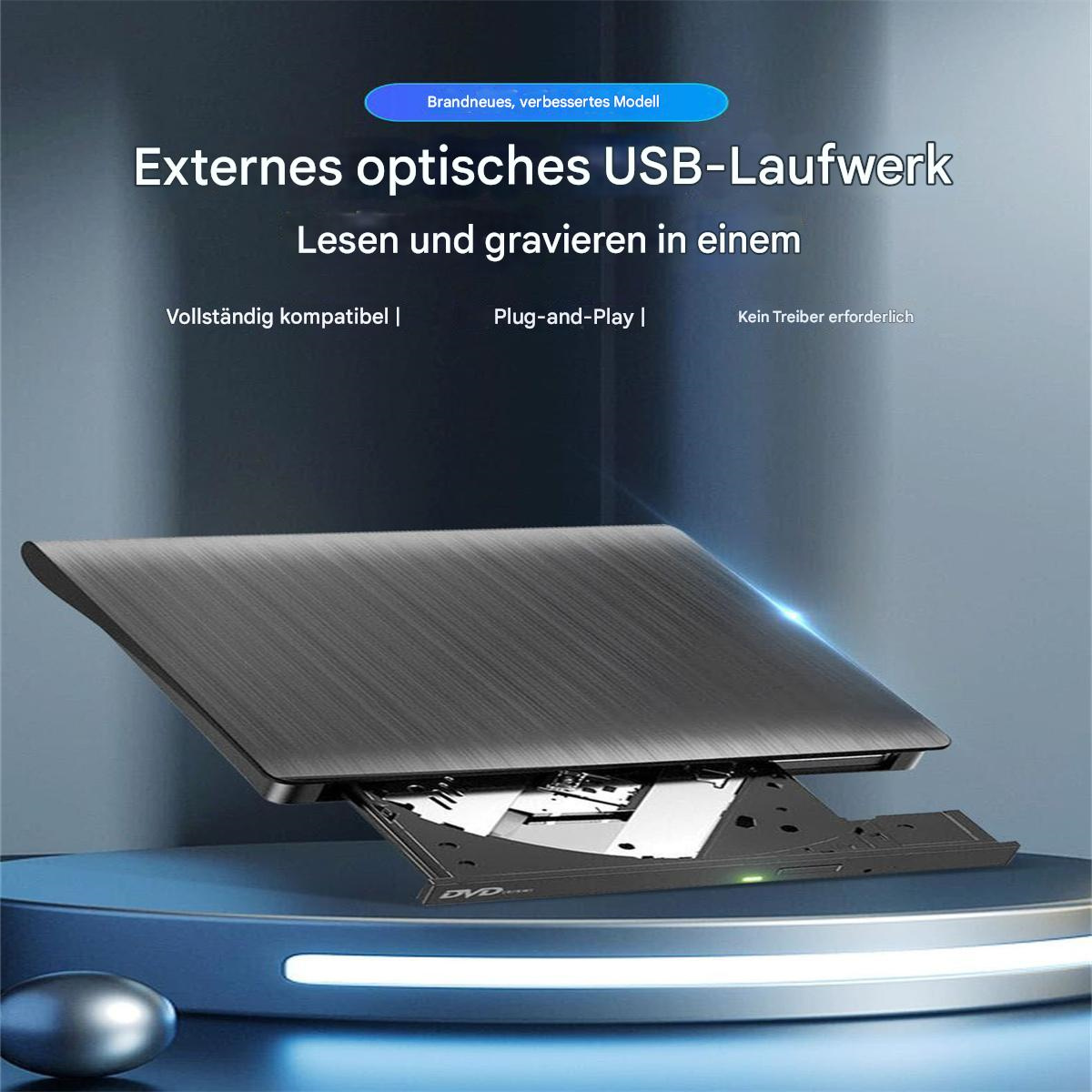 Externes optisches USB-Laufwerk mit DVD. Offenes Fach. Grau und schwarz. Blaue Oberfläche.