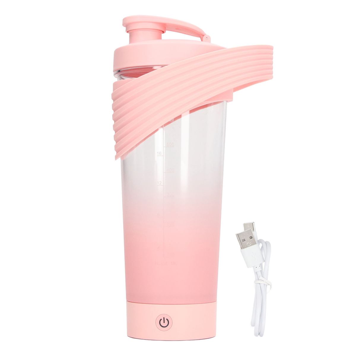 Rosa Mixbecher mit Griff und Deckel, mit einem USB-Ladekabel.
