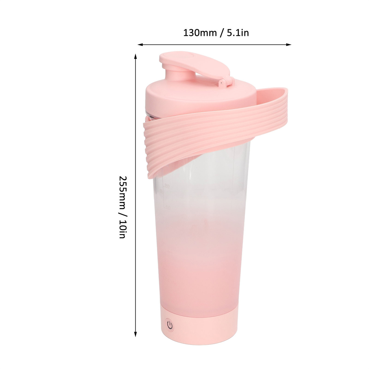 Eine rosa elektrische Shaker-Flasche mit Maßen und Abmessungen in mm und Zoll angegeben.