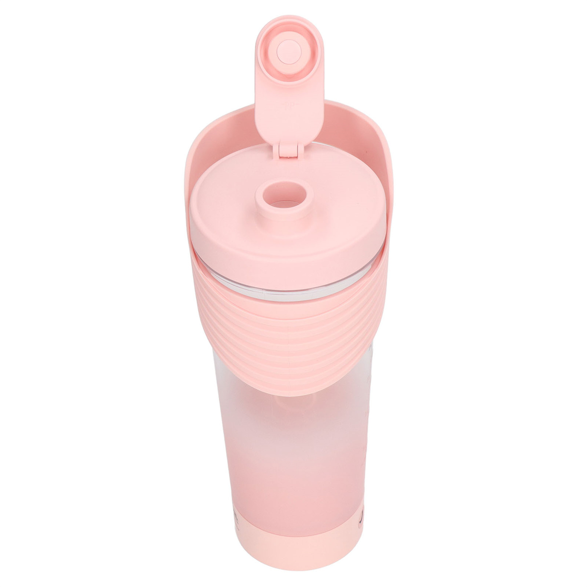 Rosa-weiße Mixflasche. Oben offen. Gerippter Körper. Deckel oben offen.