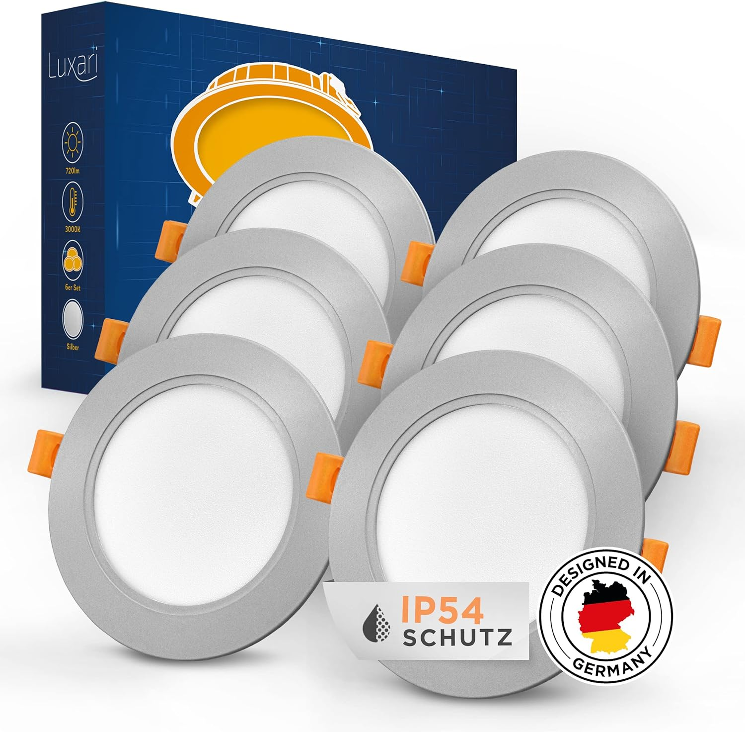 Sechs runde Einbau-LED-Leuchten in einer Box, mit orangefarbenen Akzenten und deutscher Flagge.