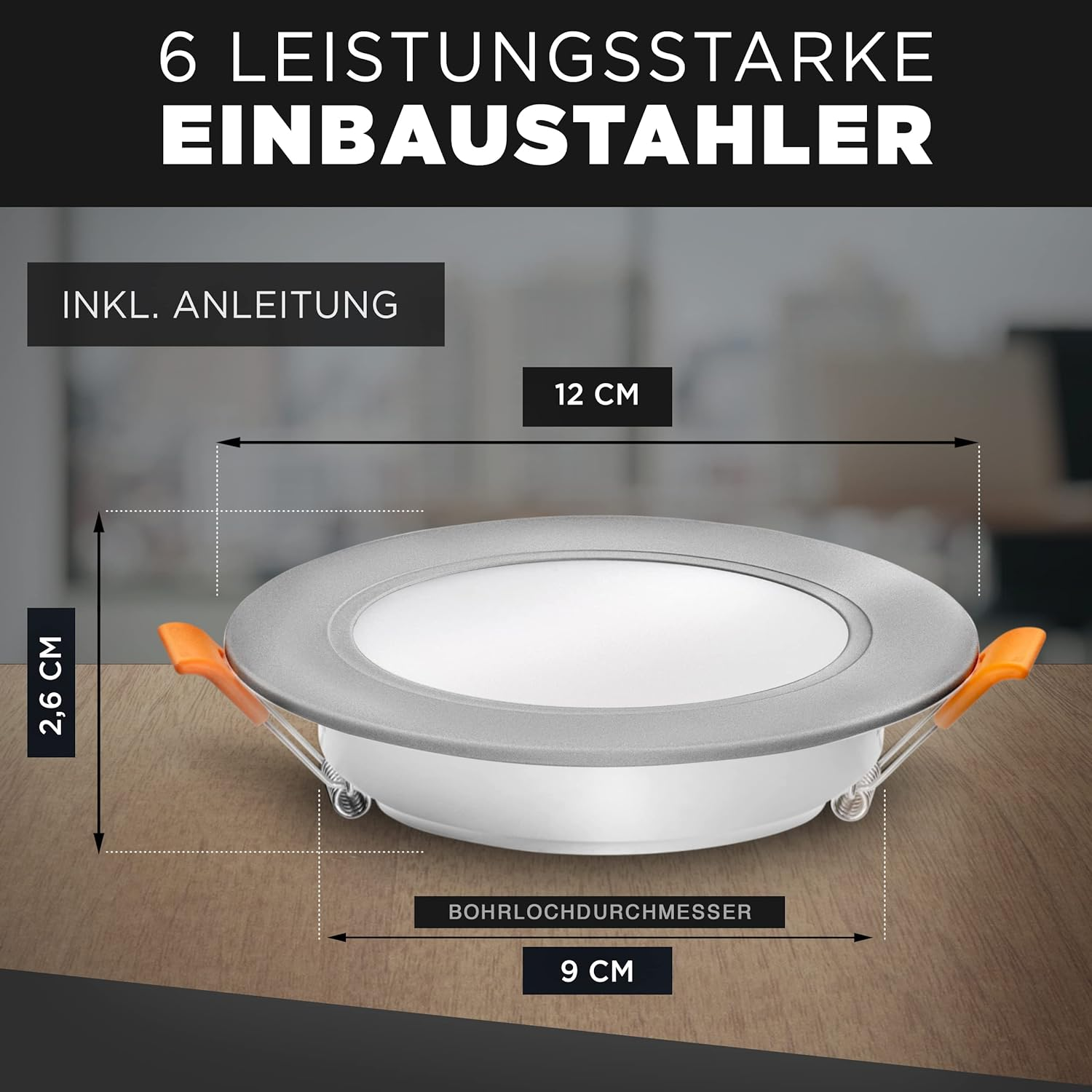 Kreisförmige Einbau-LED-Leuchte mit Abmessungen. Grau- und Weißtöne. Text auf Deutsch. Holzuntergrund.