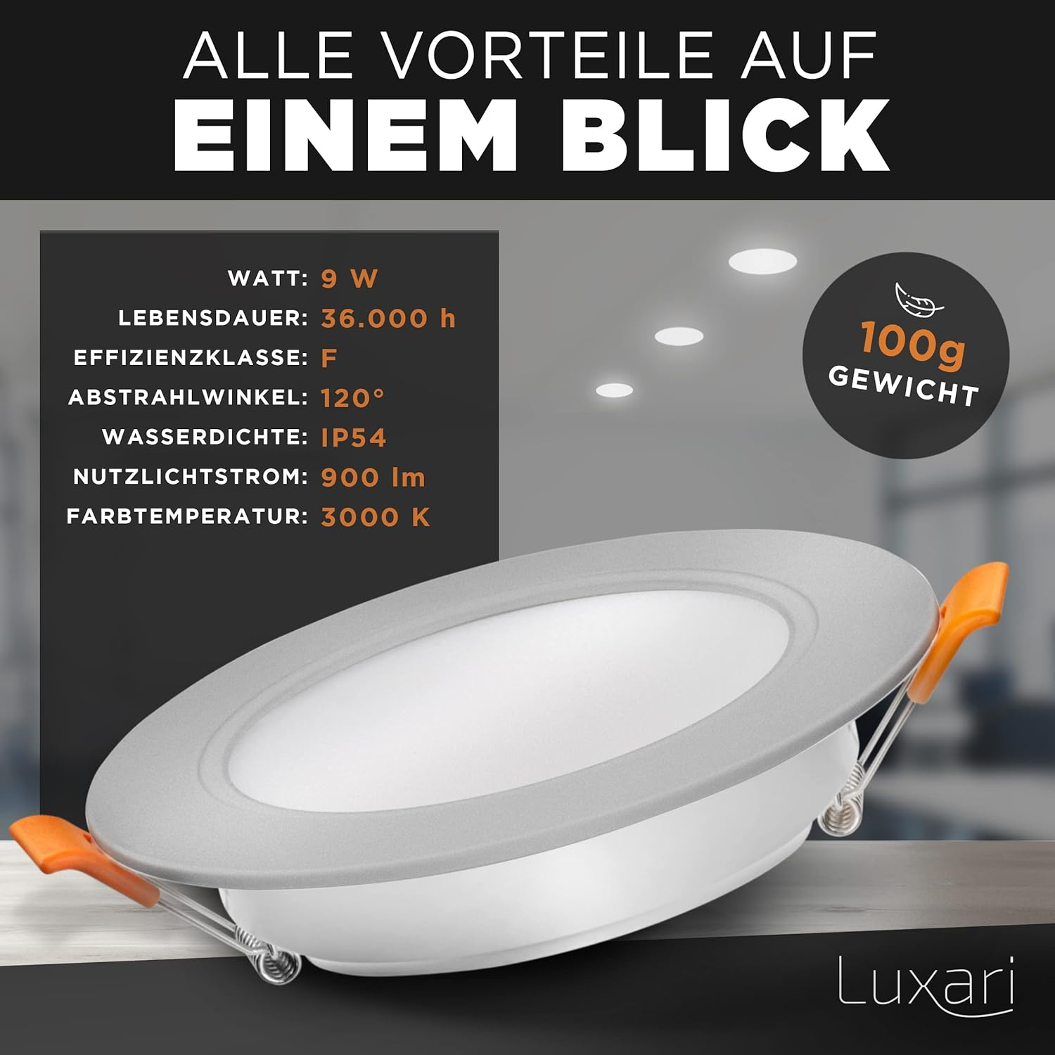 Ein rundes, weißes Einbau-Deckenlicht mit orangefarbenen Clips, umgeben von deutschem Text.