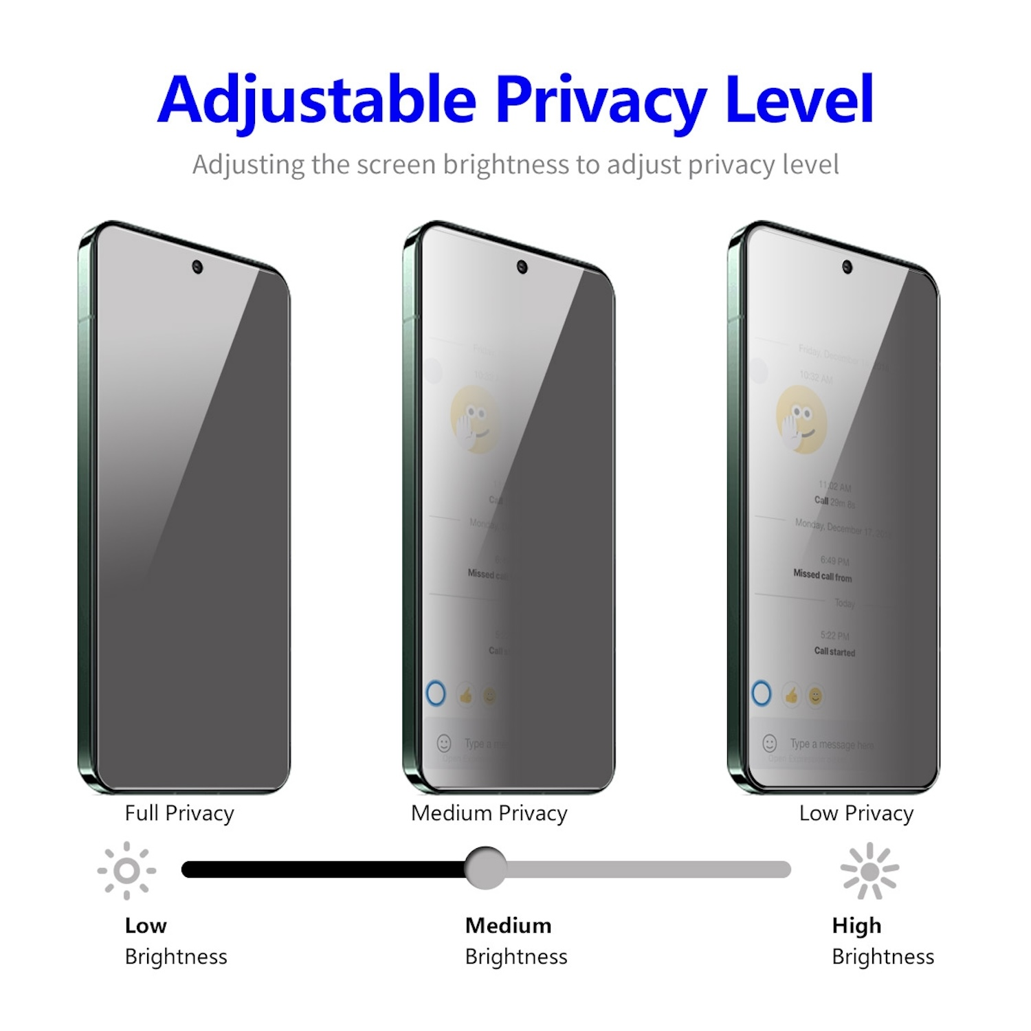Drei Smartphones zeigen Datenschutzeinstellungen: voll, mittel und niedrig, mit Helligkeitsregler.