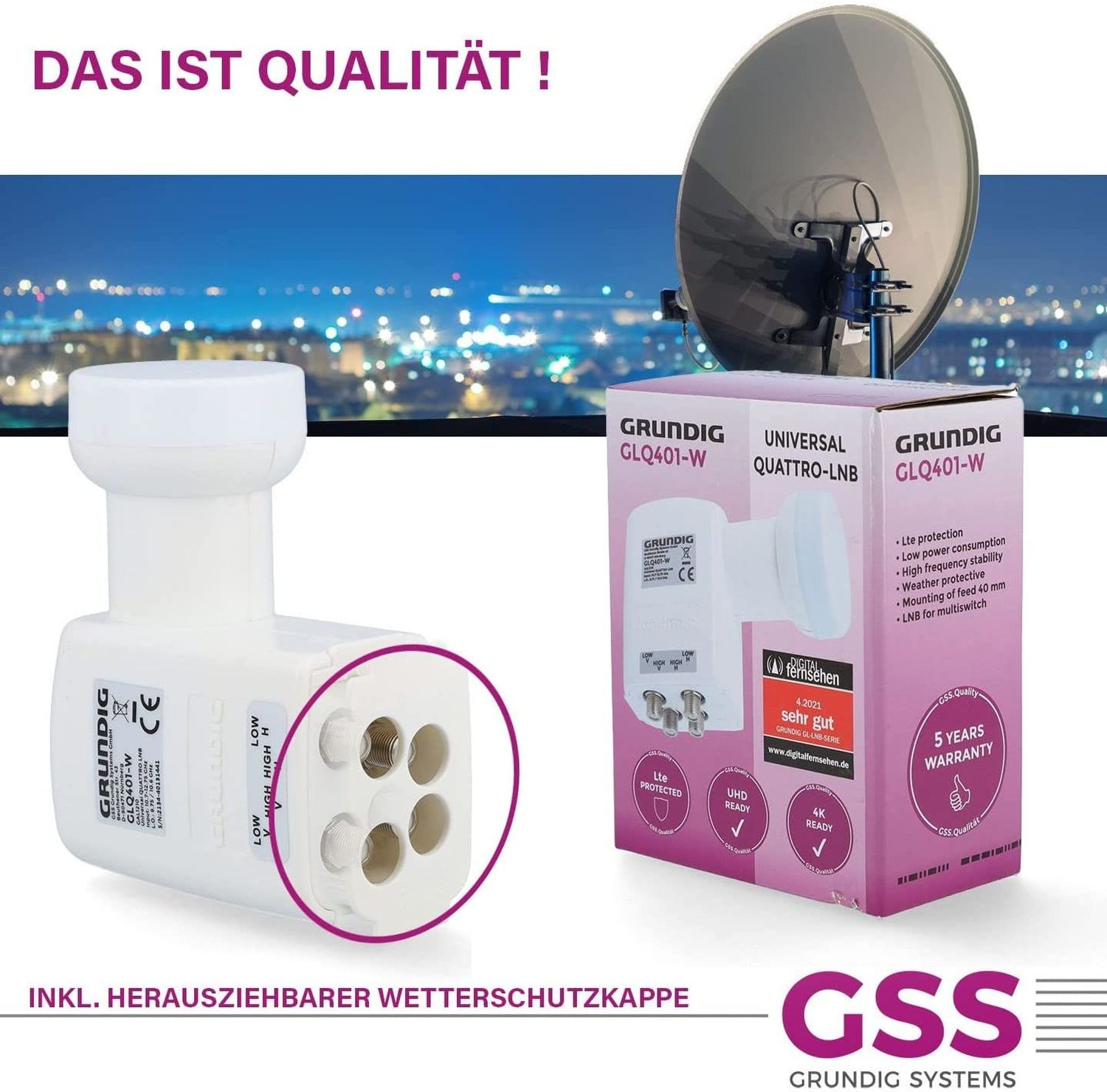 Weißer und weißer Karton mit einer Satellitenkomponente, mit Text und Diagrammen.