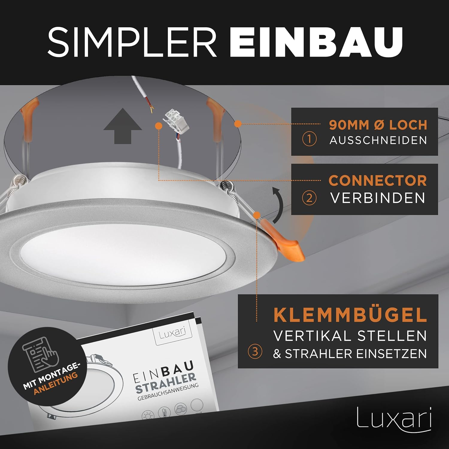 Diagramm zur Installation eines Einbaustrahlers. Anleitung auf Deutsch.