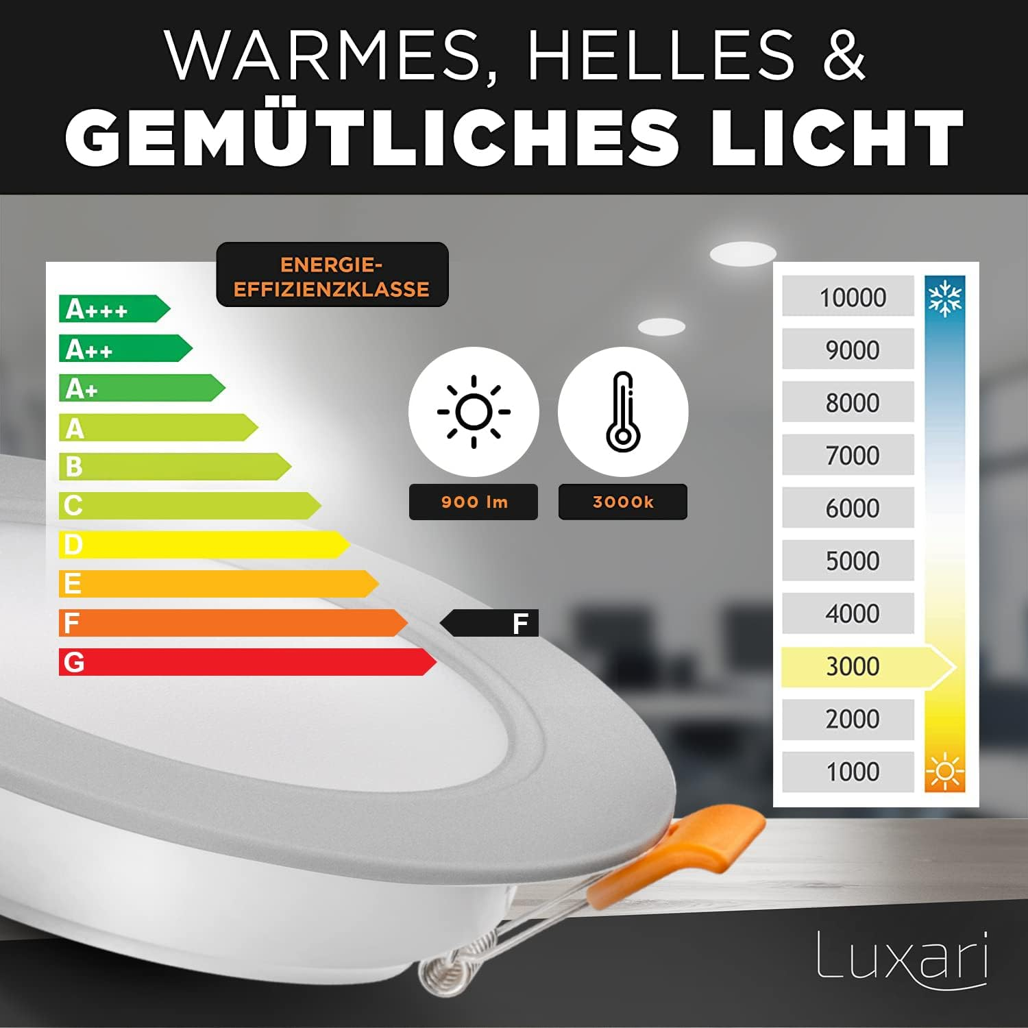 Weiße Deckenleuchte. Zeigt Energieeffizienz und Lichttemperatur. Oranger Griff.