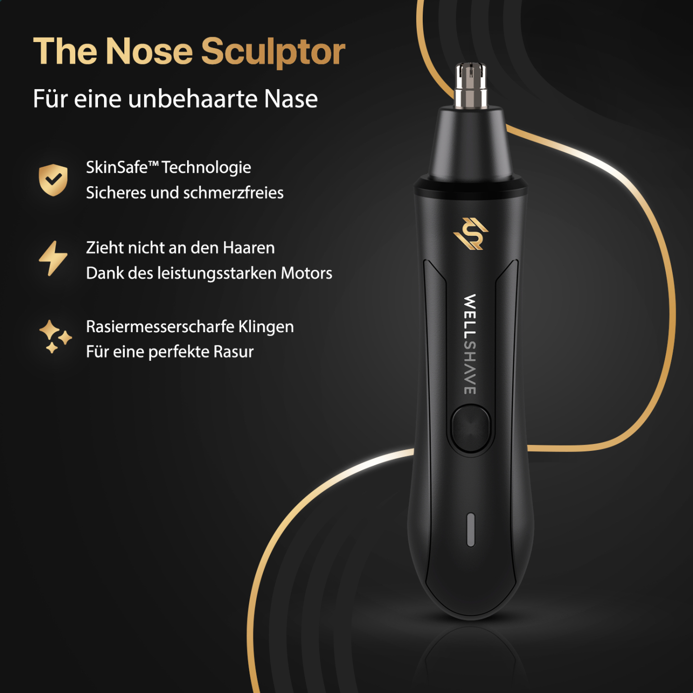 Black nose hair trimmer with text. Shows the trimmer and features: SkinSafe tech, gentle, razor sharp.