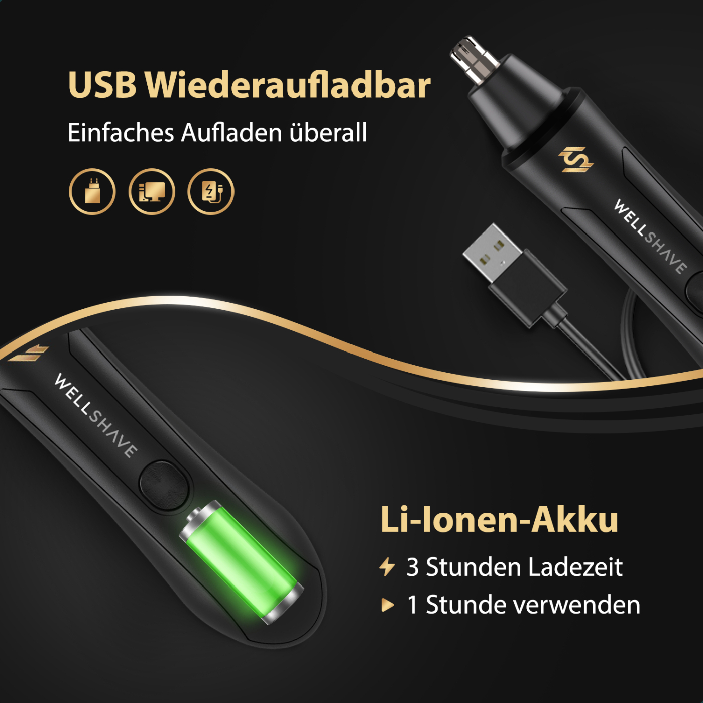 Black nose hair trimmer with USB charging cable. Text displays 'USB Rechargeable' and 'Li-ion battery'.