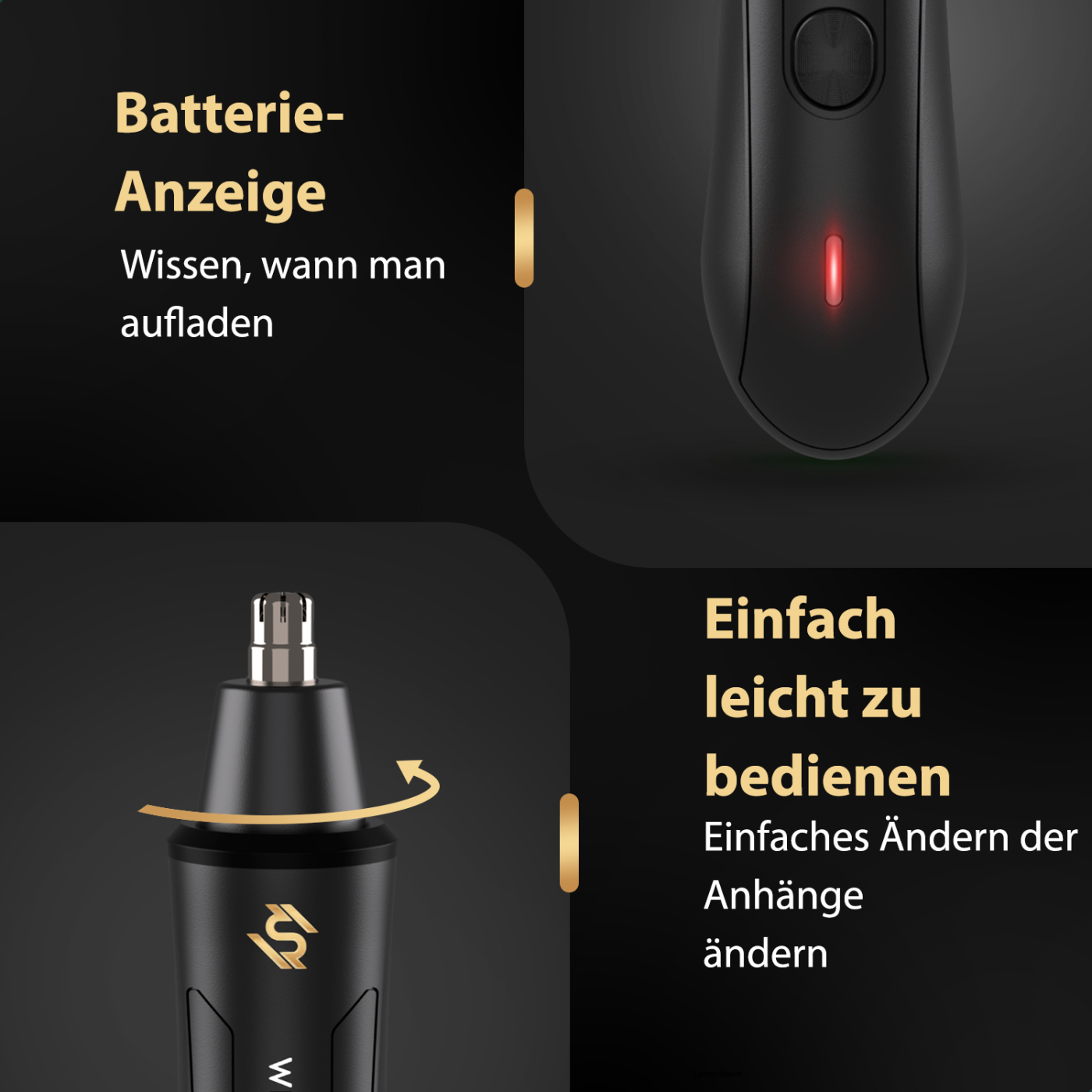 Close-up of a black nose hair trimmer with text about battery indicator and ease of use.