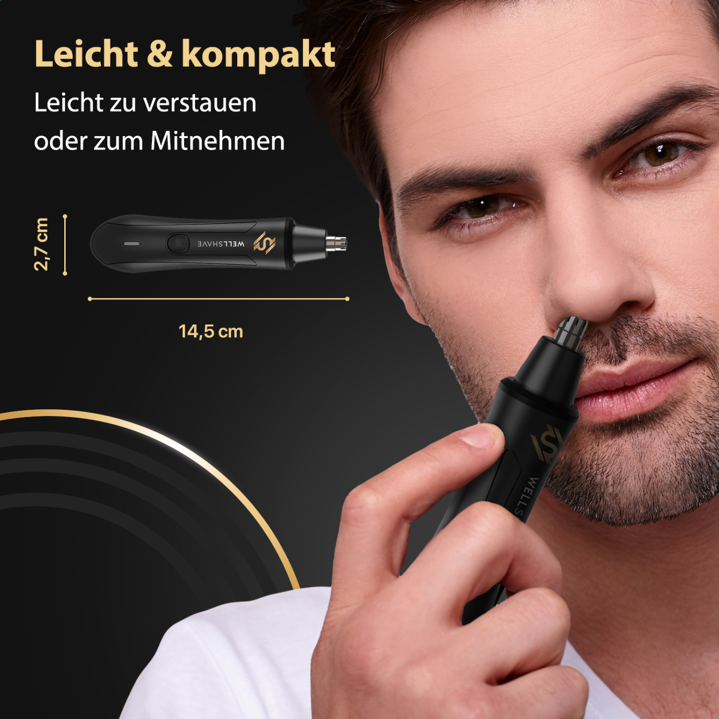 Man trimming nose hair with a black trimmer. Text: Light & compact, 14.5 cm length, 2.7 cm size.