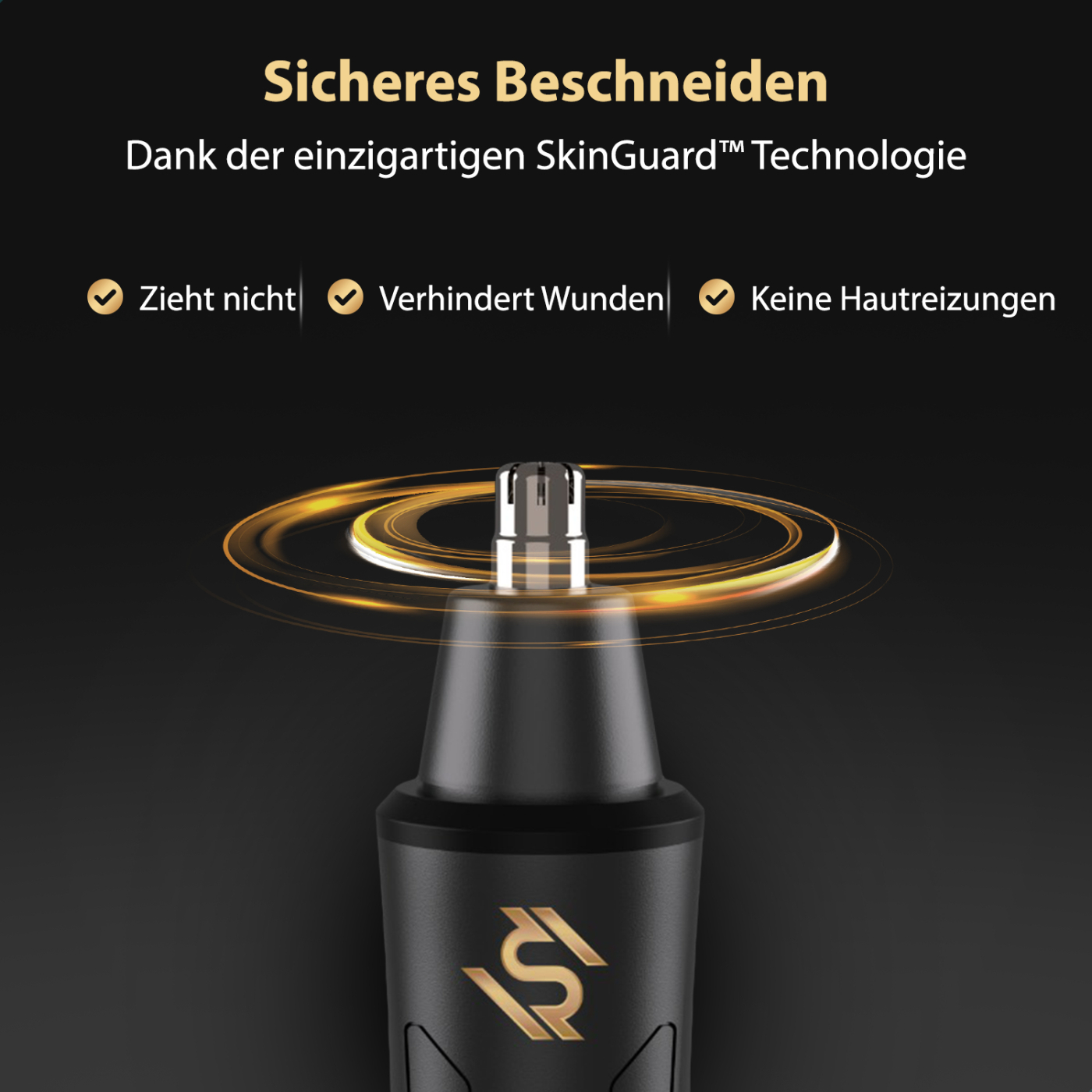 Close-up of a black nose hair trimmer with a gold logo and a golden ring. Text: Safe trimming. Prevents cuts and irritations.