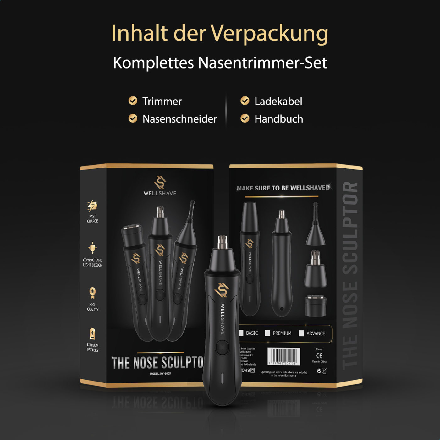 Boxed nose hair trimmer set including trimmer, nose scissors, charging cable and user manual.