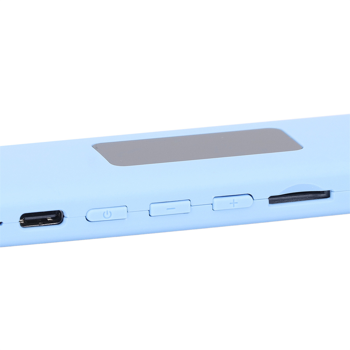 Hellblaues Gerät mit Tasten. USB-Anschluss, Ein/Aus-Taste, Lautstärkeregler, SD-Karte.