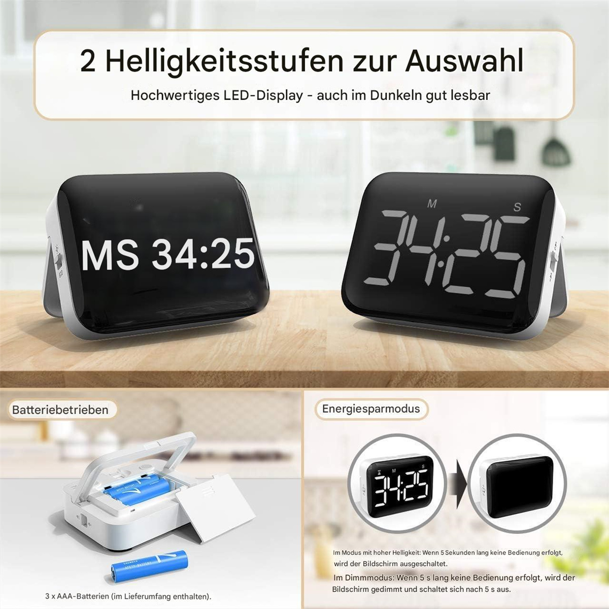 Zwei Digitaluhren, eine zeigt Zeit, die andere Batterie und schwachen Lichtmodus.