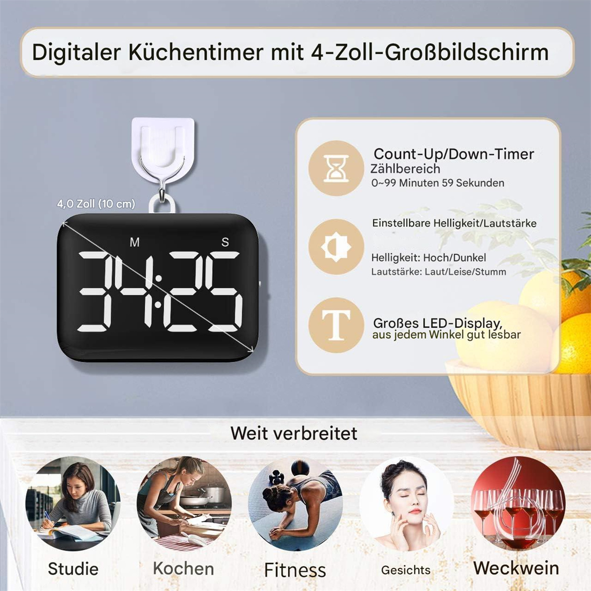 Digitaler Küchentimer mit großem Display. Er hat einen Zähl- / Abwärts-Timer, einstellbare Helligkeit und ist weit verbreitet.