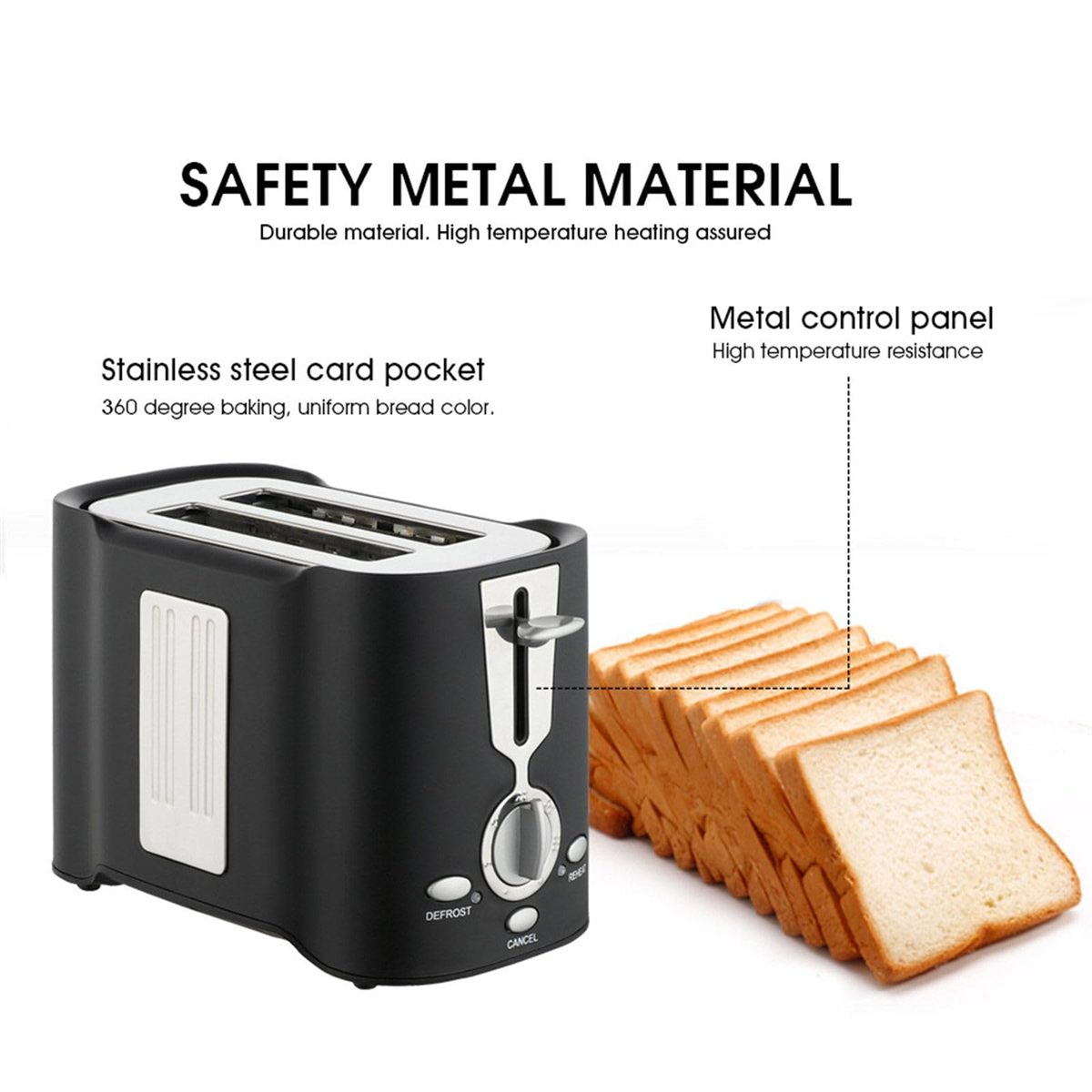 Schwarzer Toaster mit Brotscheiben. Text kennzeichnet Sicherheitsmerkmale, einschließlich Metallmaterialien.