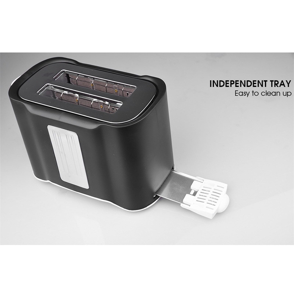 Schwarzer Toaster mit herausnehmbarer Krümelschublade. Text: UNABHÄNGIGE SCHALE, Leicht zu reinigen. Weißer Hintergrund.