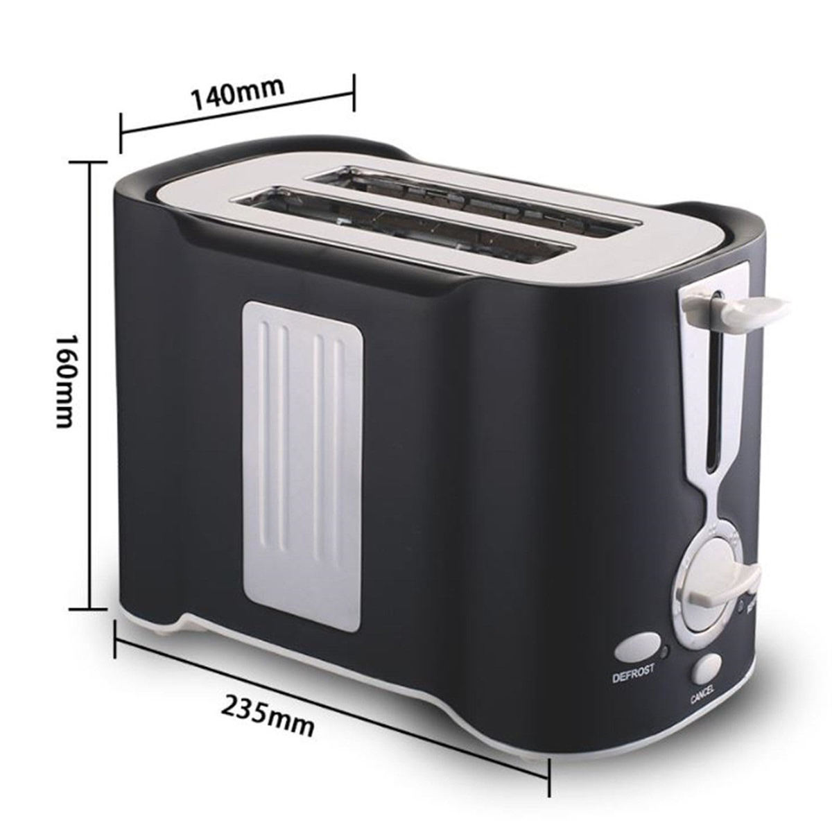 Ein schwarzer Toaster mit den angegebenen Abmessungen: 235 mm breit, 160 mm hoch und 140 mm tief.