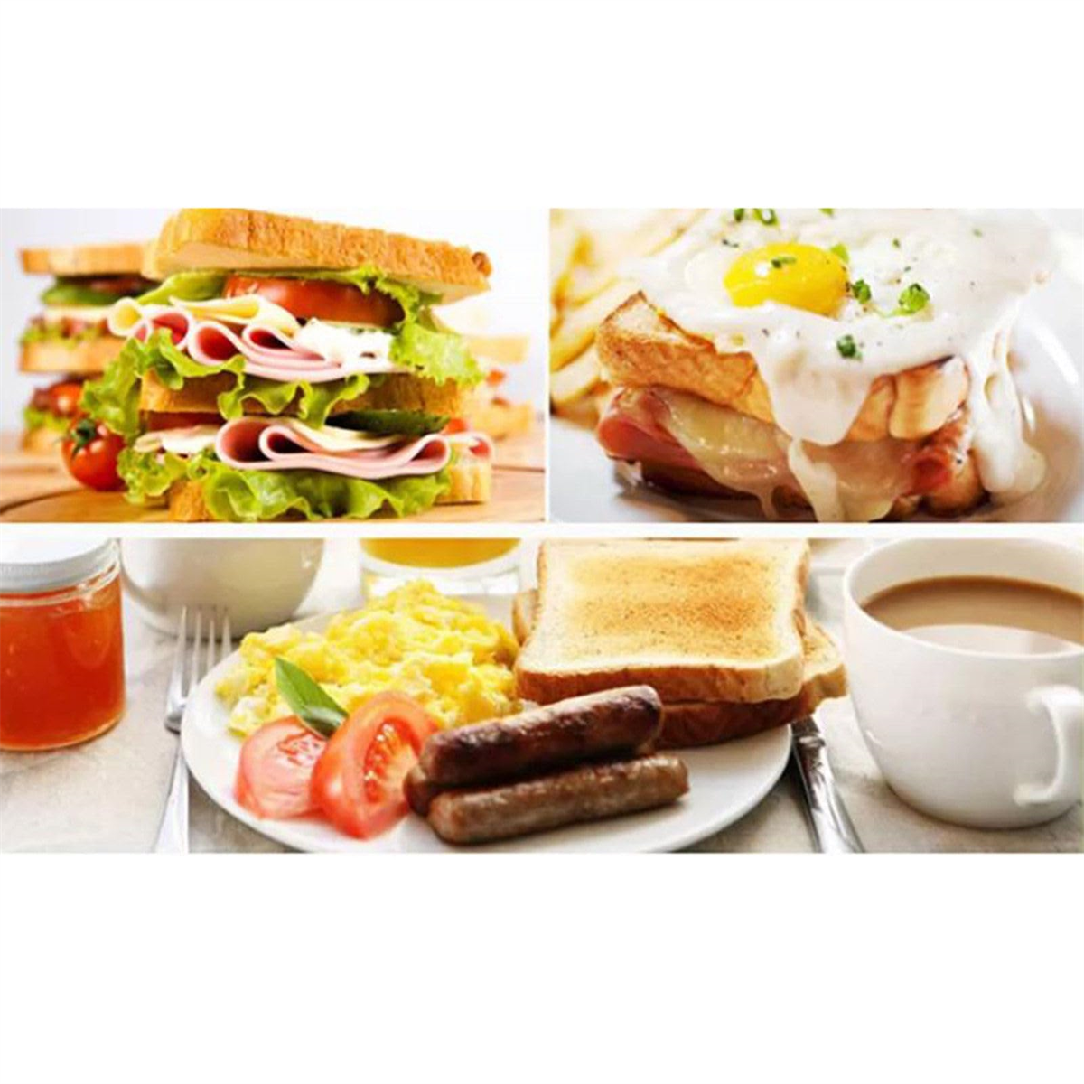 Eine Collage von Frühstücksspeisen: Sandwiches, Toast mit Eiern und ein Teller mit Würstchen.
