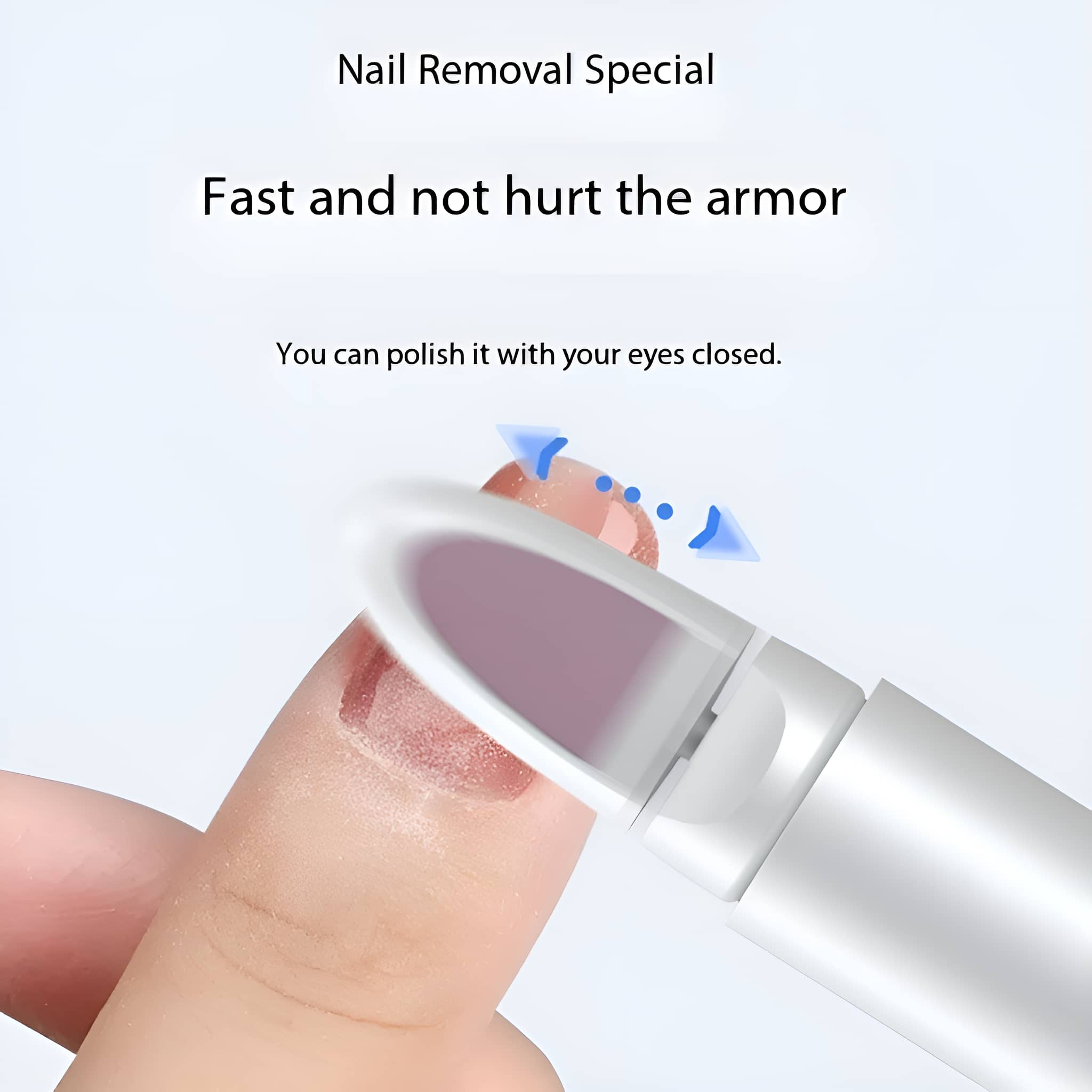 Ein Finger mit Nagellackentfernungswerkzeug. Text: "Schnell und ohne Verletzung des Nagels".