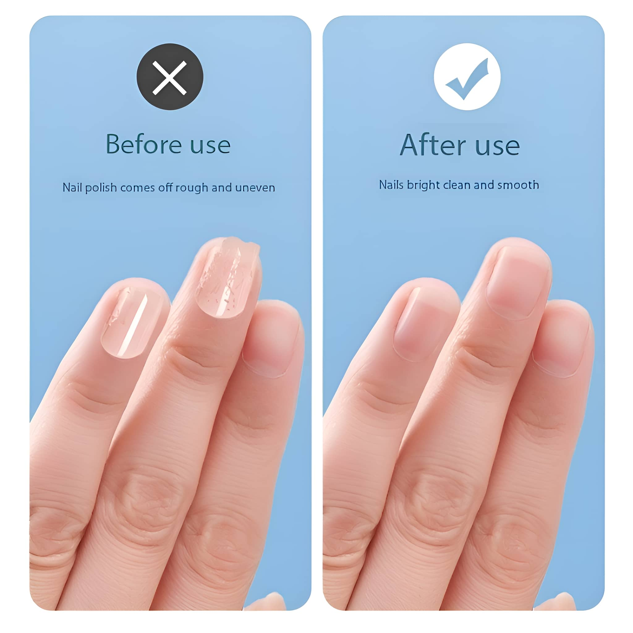 Vergleichsbild: links - rauer Nagellack, rechts - saubere, glatte Nägel nach Gebrauch.