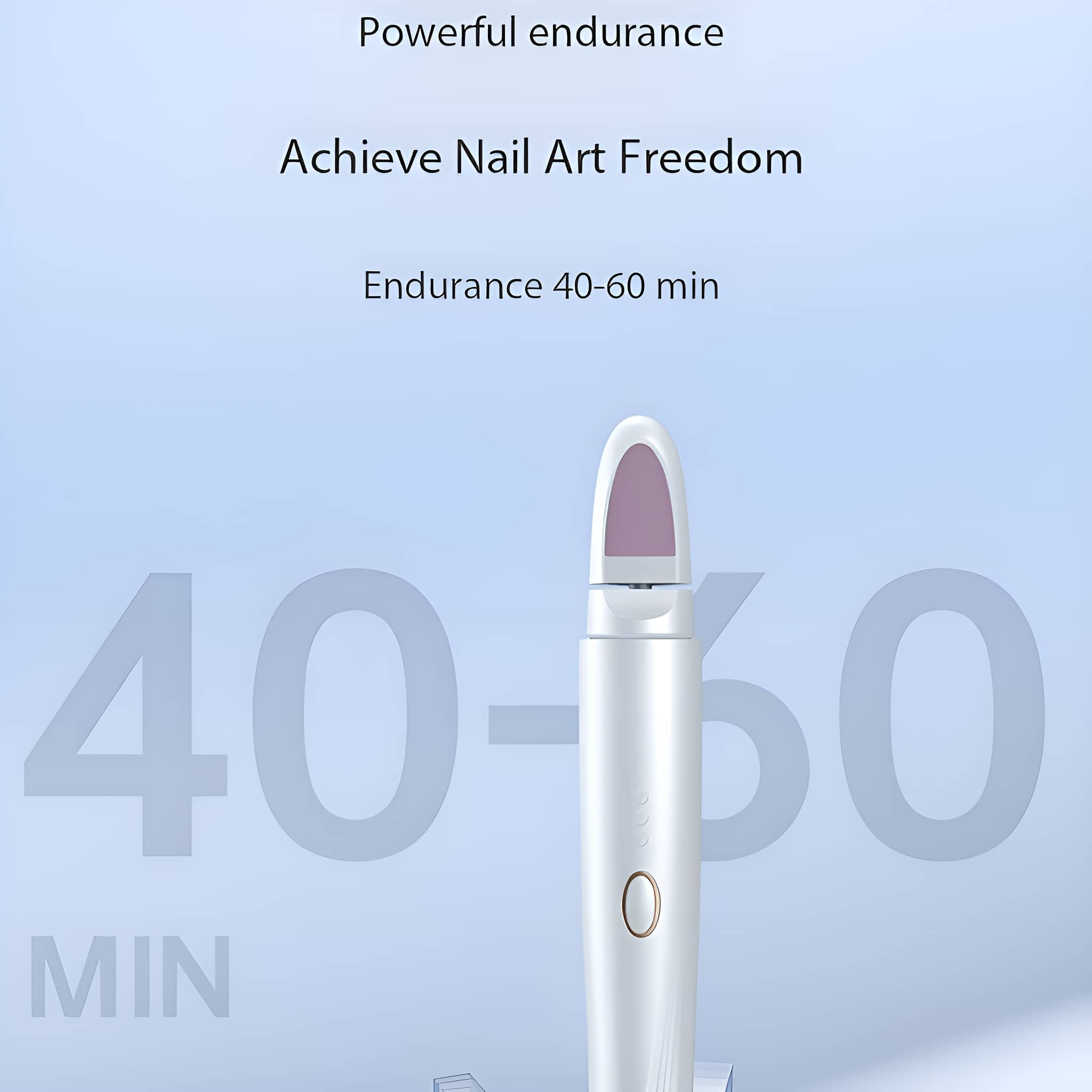 Weißes Nagelfeilwerkzeug. Im Hintergrund steht 'Achieve Nail Art Freedom' und '40-60 min'.