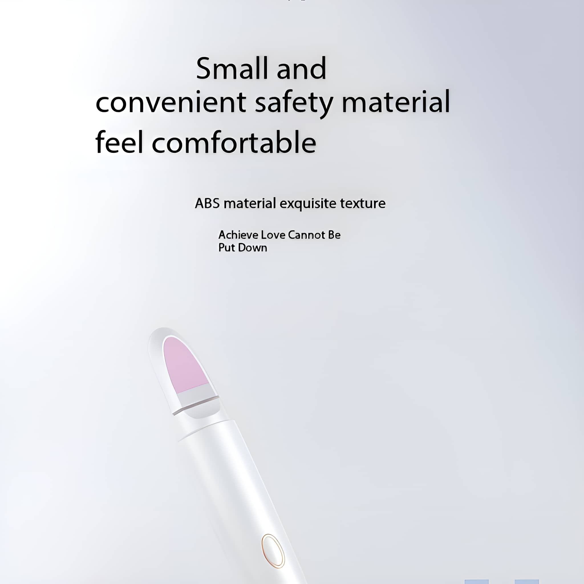 Ein weißes Nagelpflegegerät mit einer rosa Schleifoberfläche, mit Text auf weißem Hintergrund.