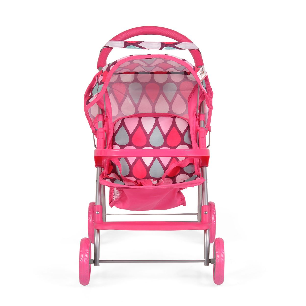 Ein rosa Spielzeug-Kinderwagen mit einem gemusterten Verdeck und einem Puppensitz. Es ist auf weißem Hintergrund.