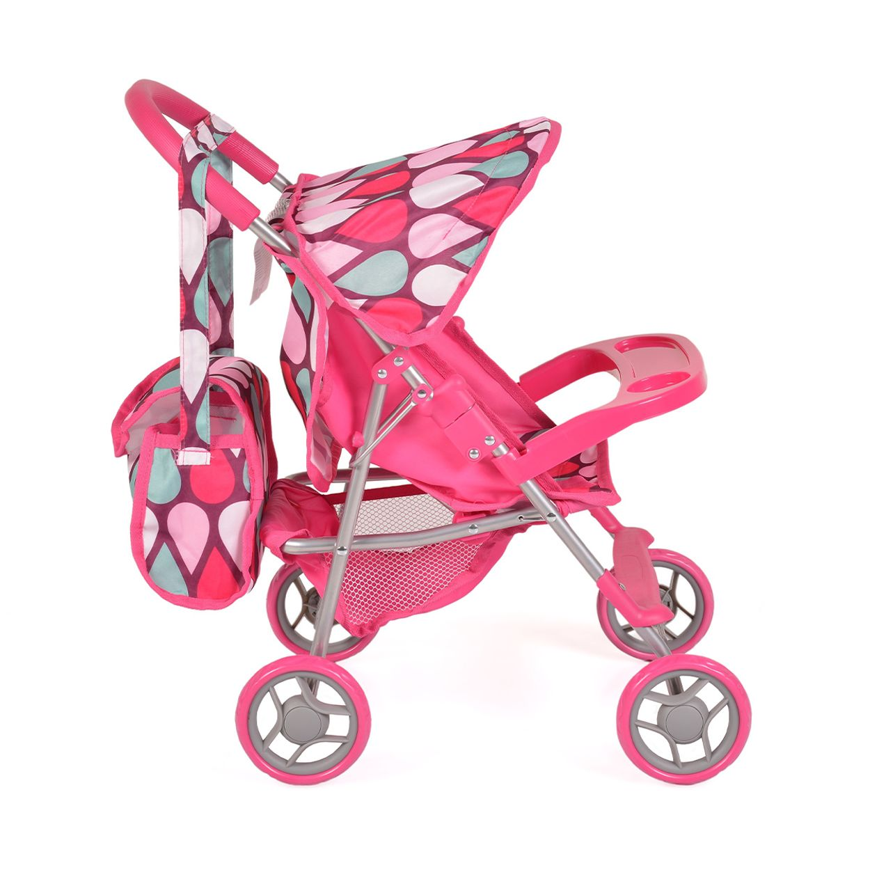 Rosa Puppenwagen. Enthält eine Tasche und ein Verdeck. Hat drei Räder.