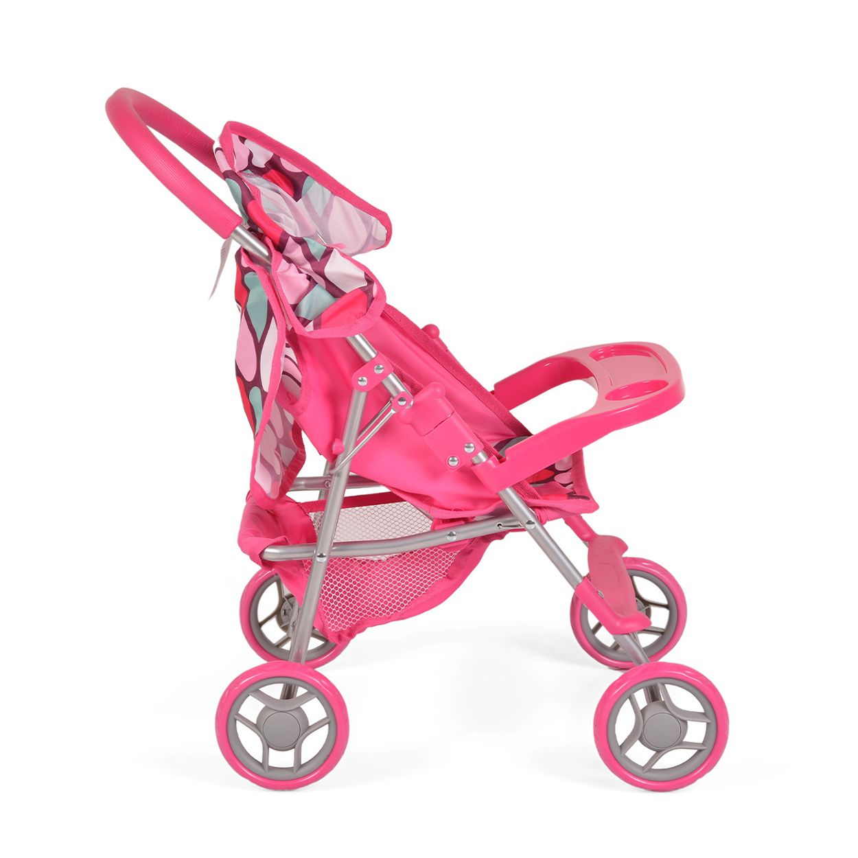 Ein pinkfarbener Puppenwagen mit floralem Verdeck, platziert auf weißem Hintergrund.