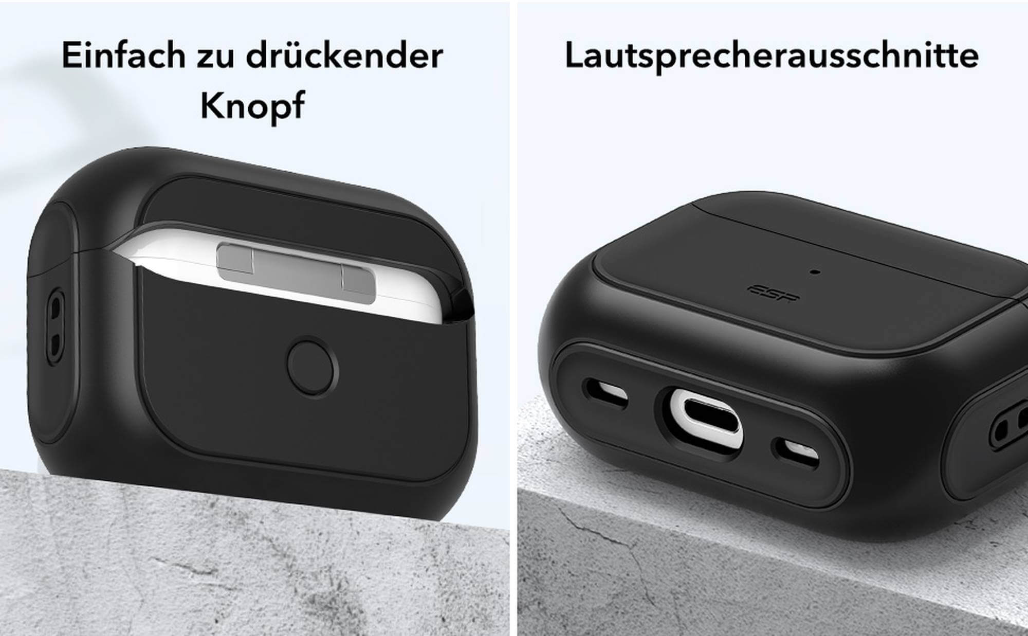 Schwarzes AirPods-Case, das das offene Case mit AirPods und den Ladeanschluss unten zeigt.