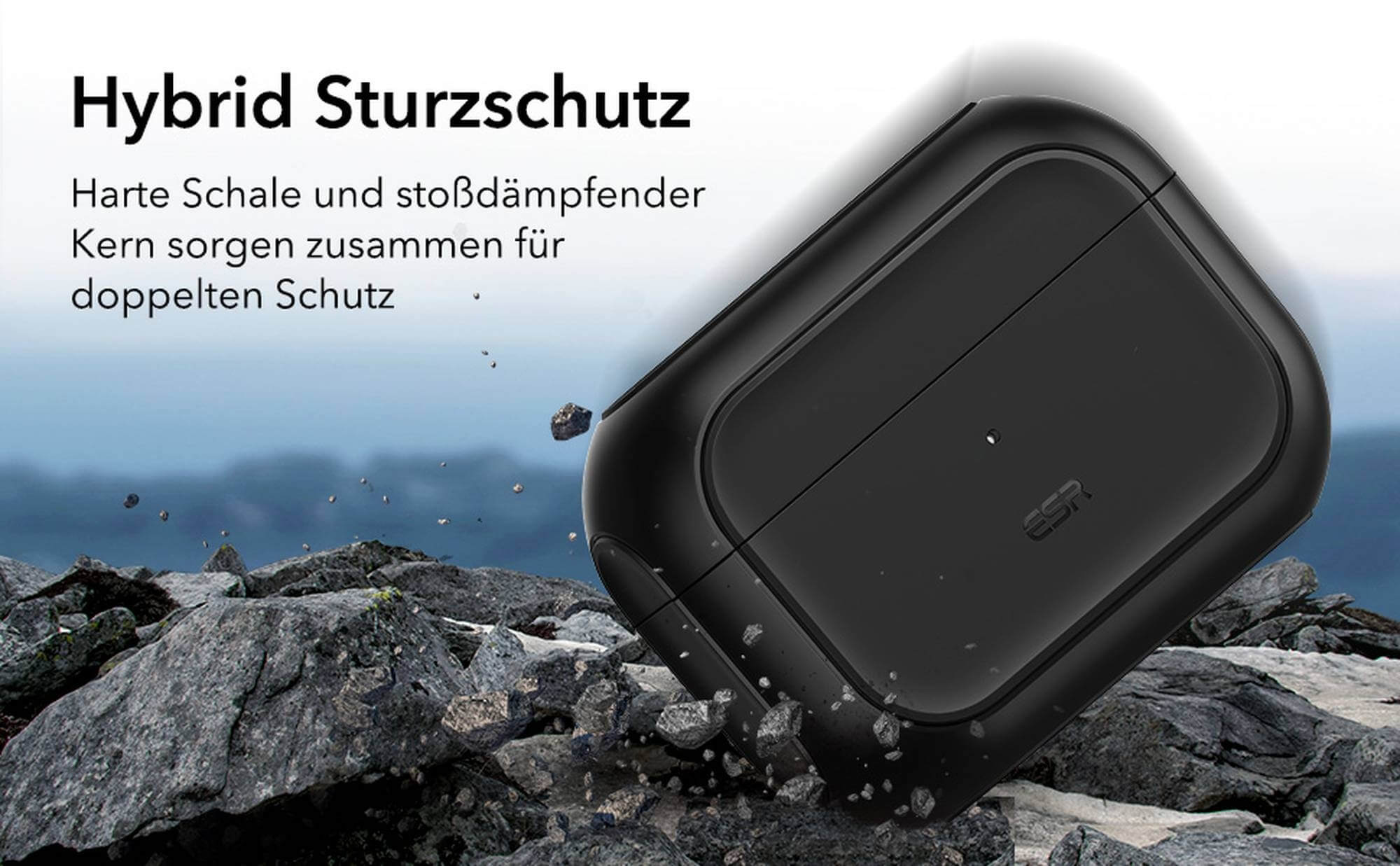 Schwarzes AirPods Pro-Etui auf Felsen, mit Text über Hybrid-Schutz.