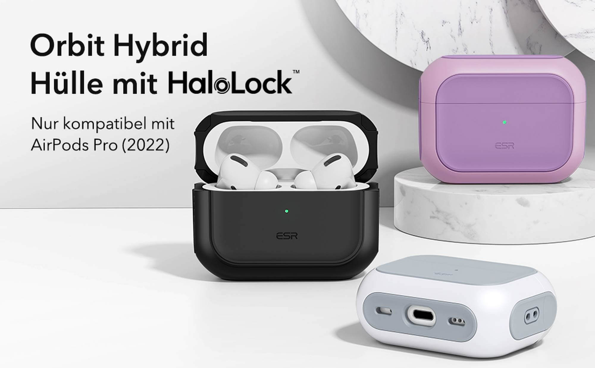 Verschiedene AirPods Pro Hüllen: schwarz, lila und ein Ladecase. Text: Orbit Hybrid Hülle mit HaloLock.