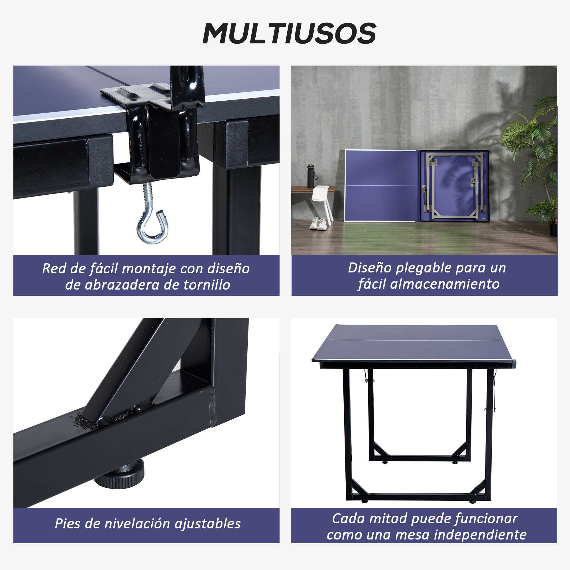 Mesa de ping pong plegable con detalles de la red, diseño plegable y patas ajustables.