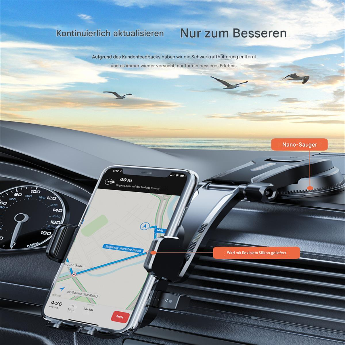 Armaturenbrett mit Handyhalterung, Navigations-App und blauem Himmel im Hintergrund.