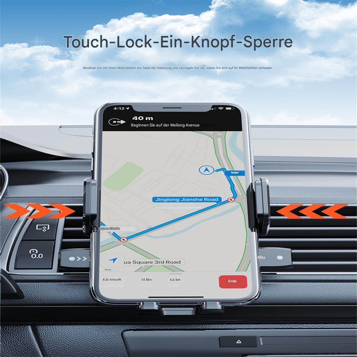 Ein Telefon in einer Autohalterung zeigt eine Karte mit einer Route. Pfeile und Textüberlagerung sind ebenfalls sichtbar.