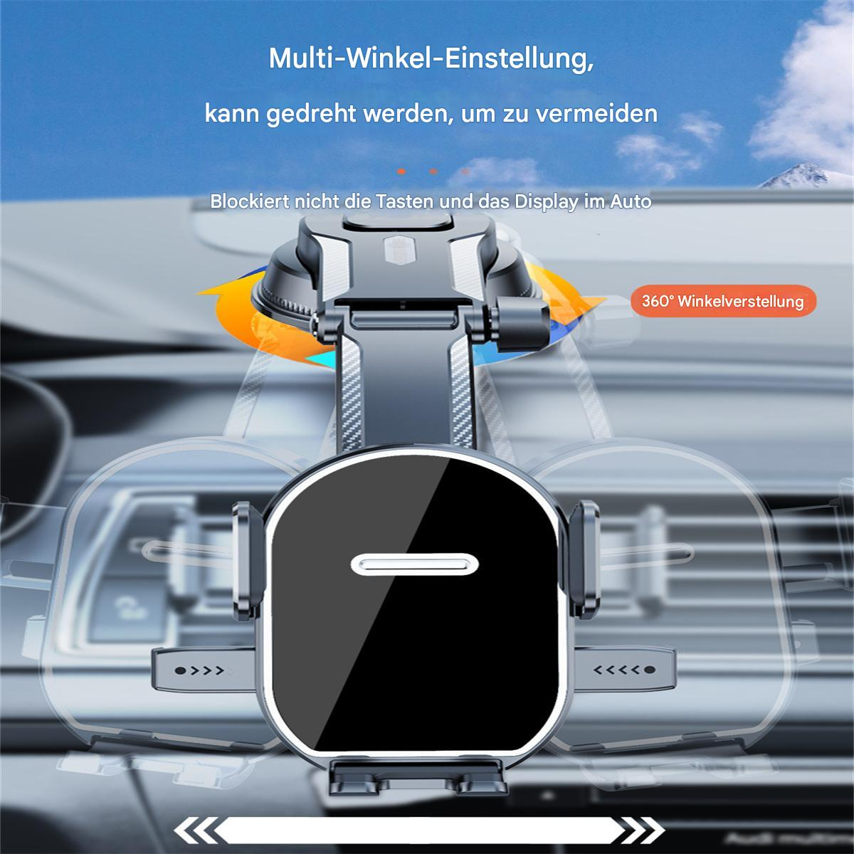 Autotelefonhalterung auf dem Armaturenbrett eines Autos montiert. Verfügt über einen Telefonclip und einen Schwenkarm.