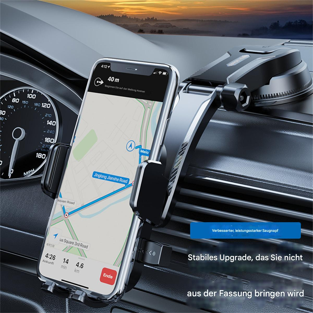 Ein Telefon in einer Autohalterung, zeigt eine Karte, Tacho und Armaturenbrett im Blick.