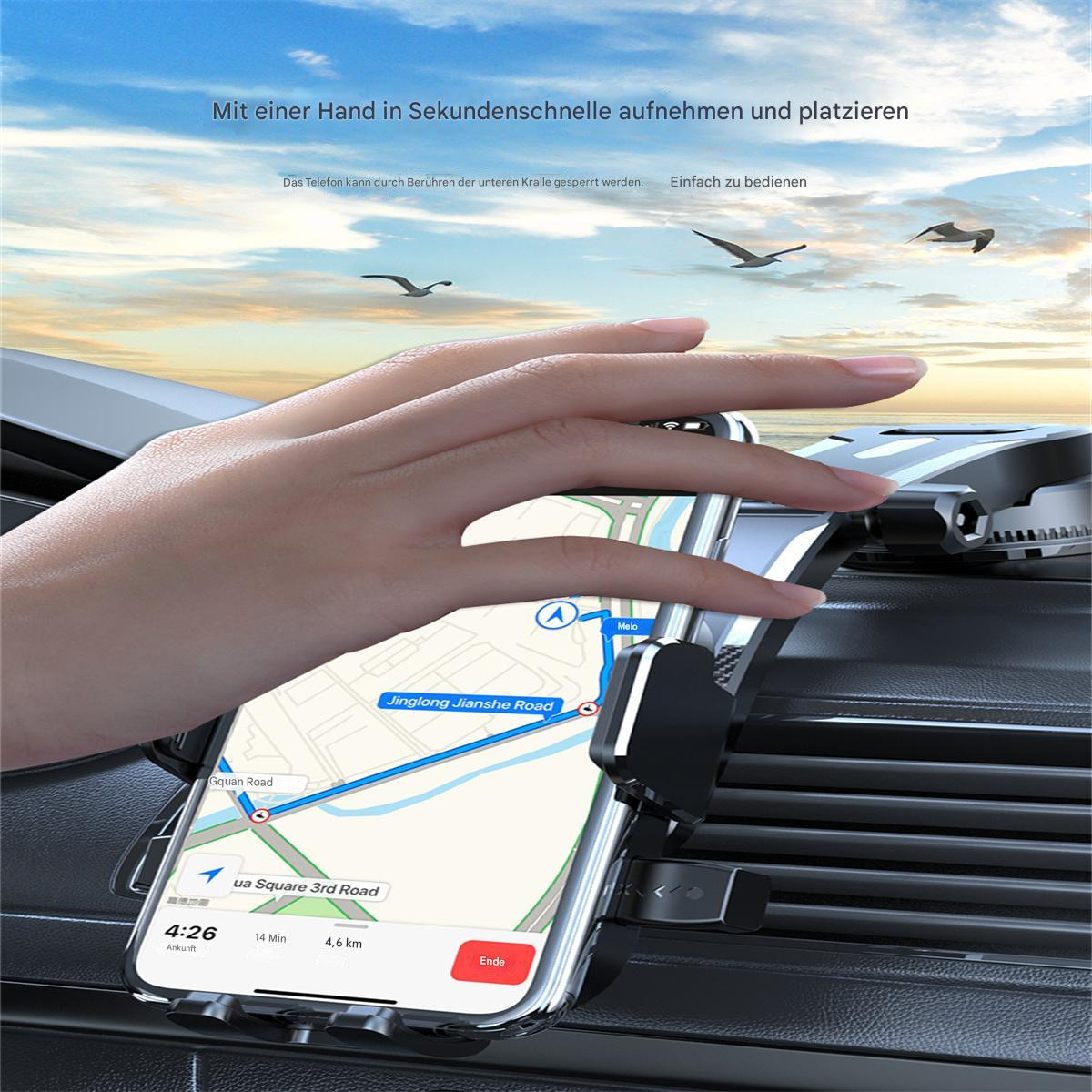 Die Hand einer Person benutzt ein Telefon in einer Autotelefonhalterung, zeigt eine Karte auf dem Bildschirm.