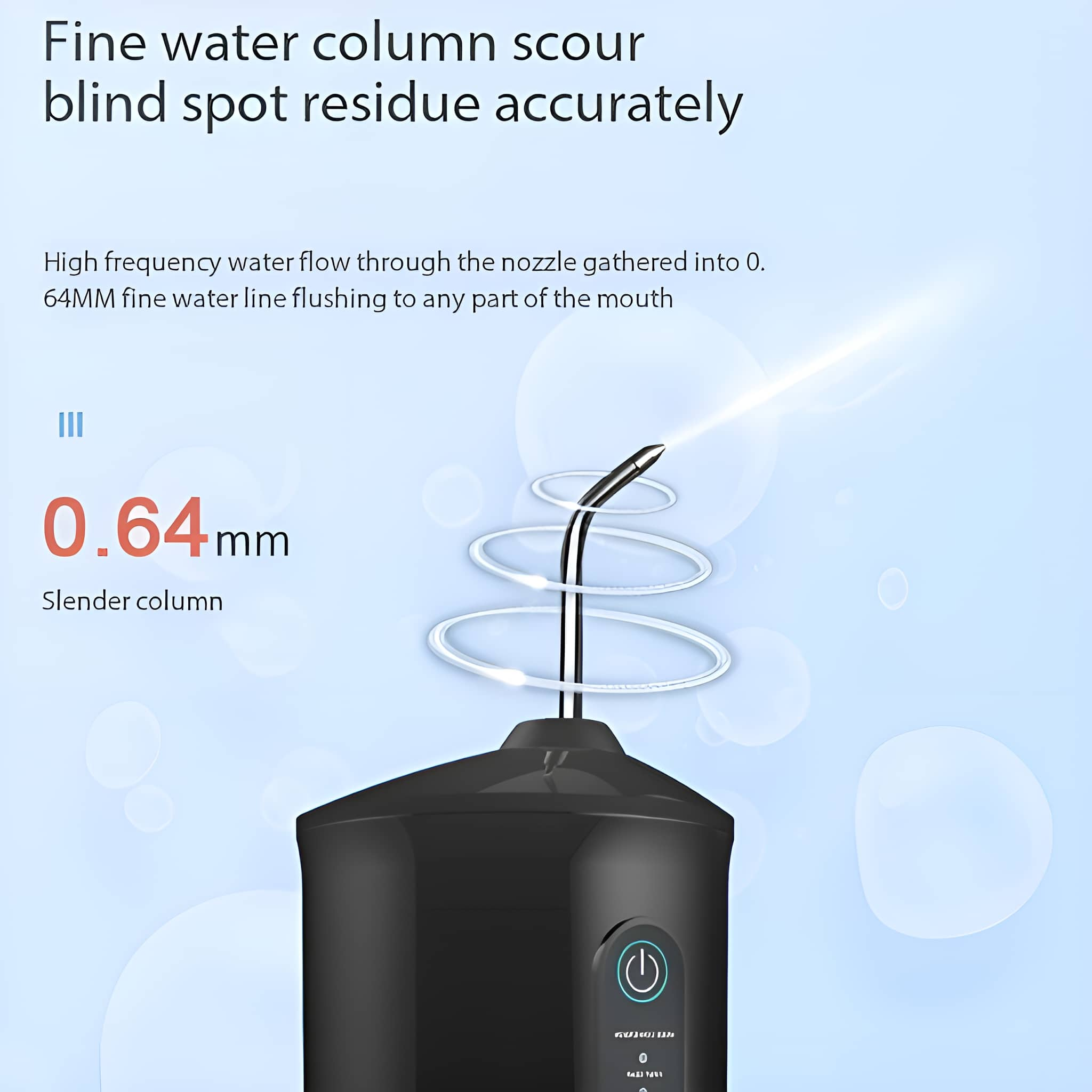 Schwarzer Wasserflosser mit einer schlanken Säule und einem Ein-/Aus-Schalter. Zeigt Wasserfluss und Messungen.