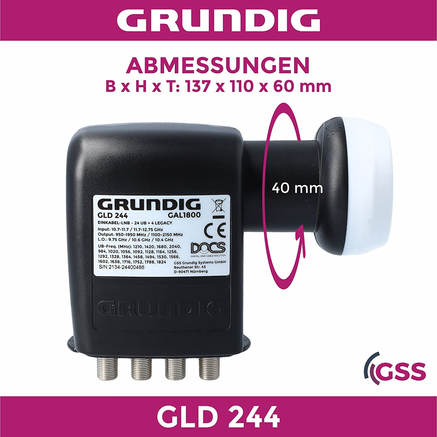 Ein Grundig Satellitenempfänger mit beschrifteten Abmessungen. Der Empfänger hat Anschlüsse und einen weißen Stecker.