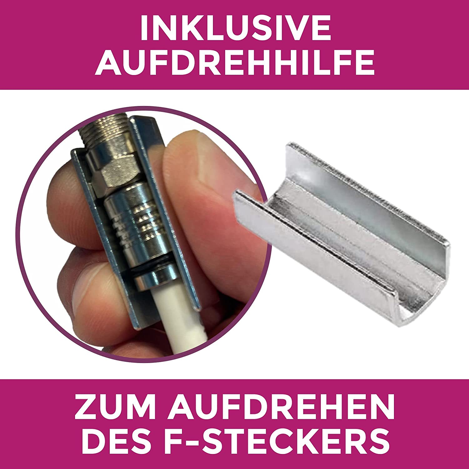 Eine Hand, die ein Kabelende mit einem Metallwerkzeug hält, um einen F-Stecker anzubringen.