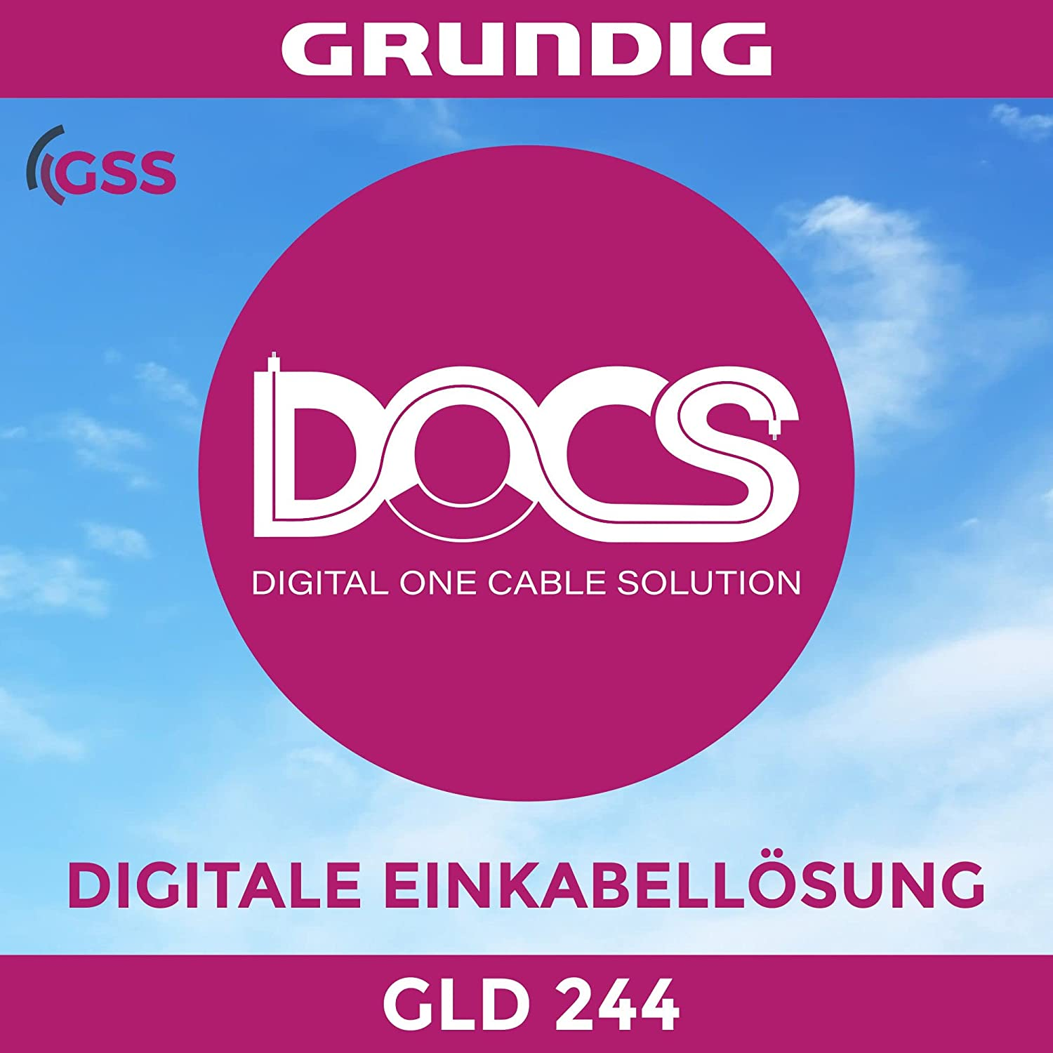 Rosa Kreislogo mit weißem Text: GRUNDIG, DOCS, DIGITAL ONE CABLE SOLUTION.