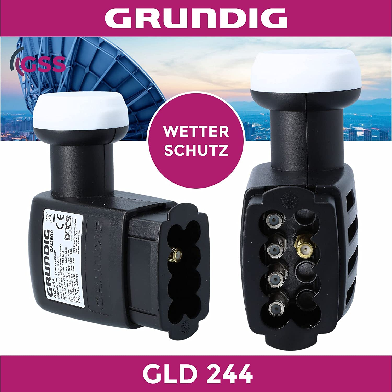 Zwei Satellitenempfänger, einer nach links, der andere nach rechts, mit dem Etikett Grundig und GLD 244.