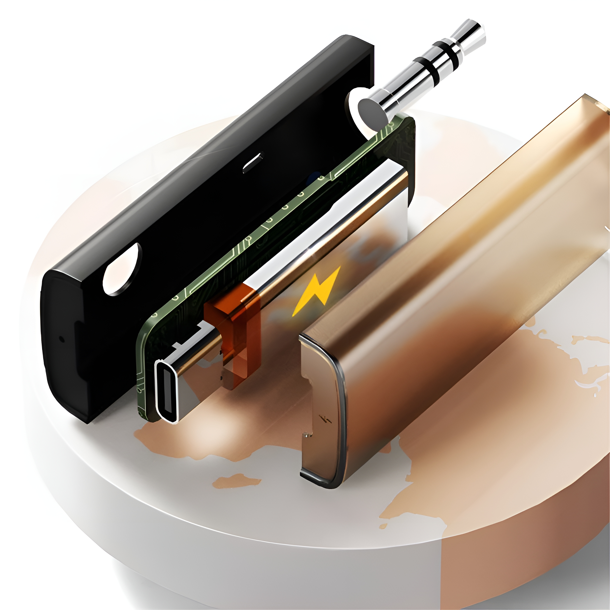 Schnittansicht eines schwarzen und goldenen Geräts mit 3,5-mm-Klinke und USB-C-Anschluss.