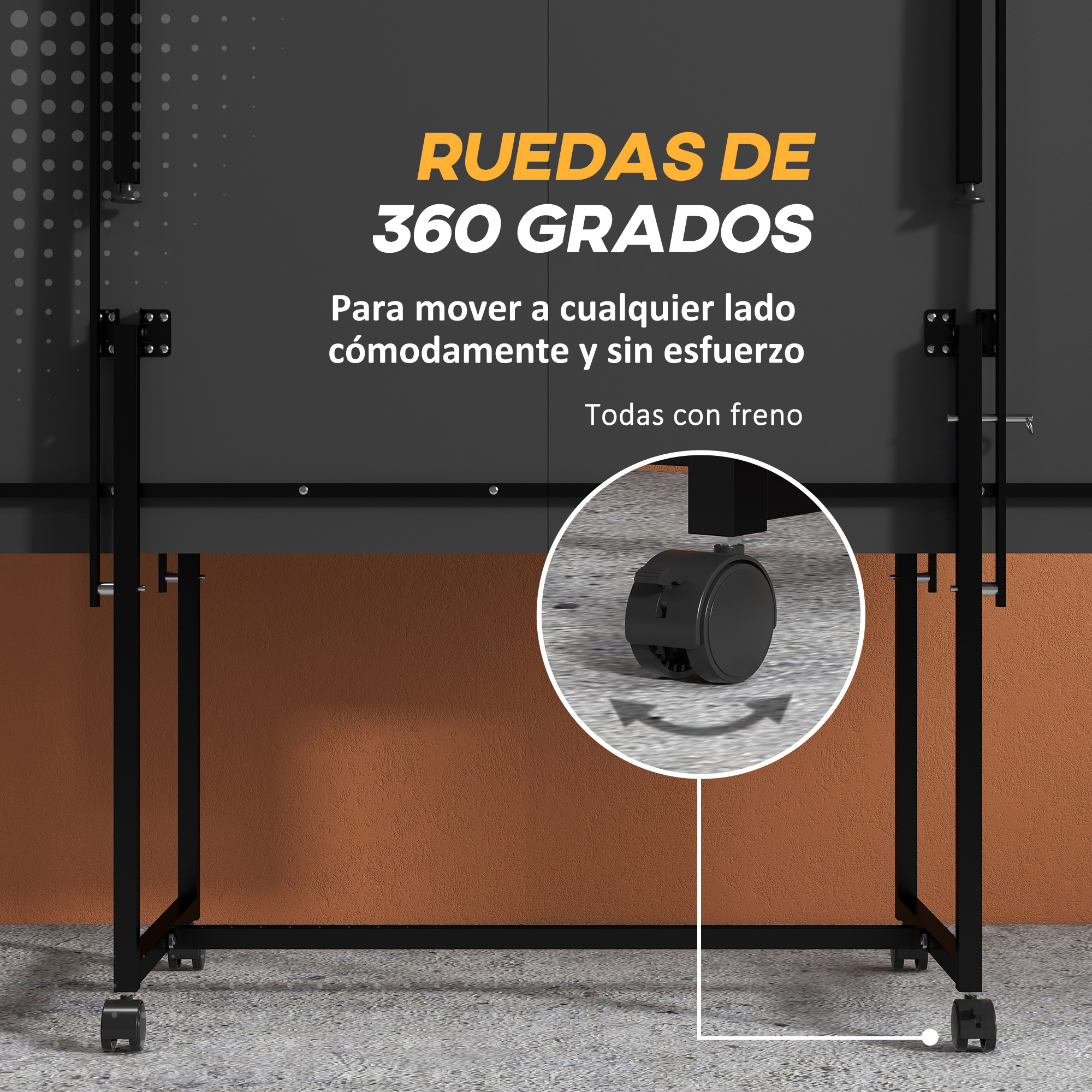Pizarra negra sobre ruedas, con texto en español sobre ruedas de 360 grados y frenos.