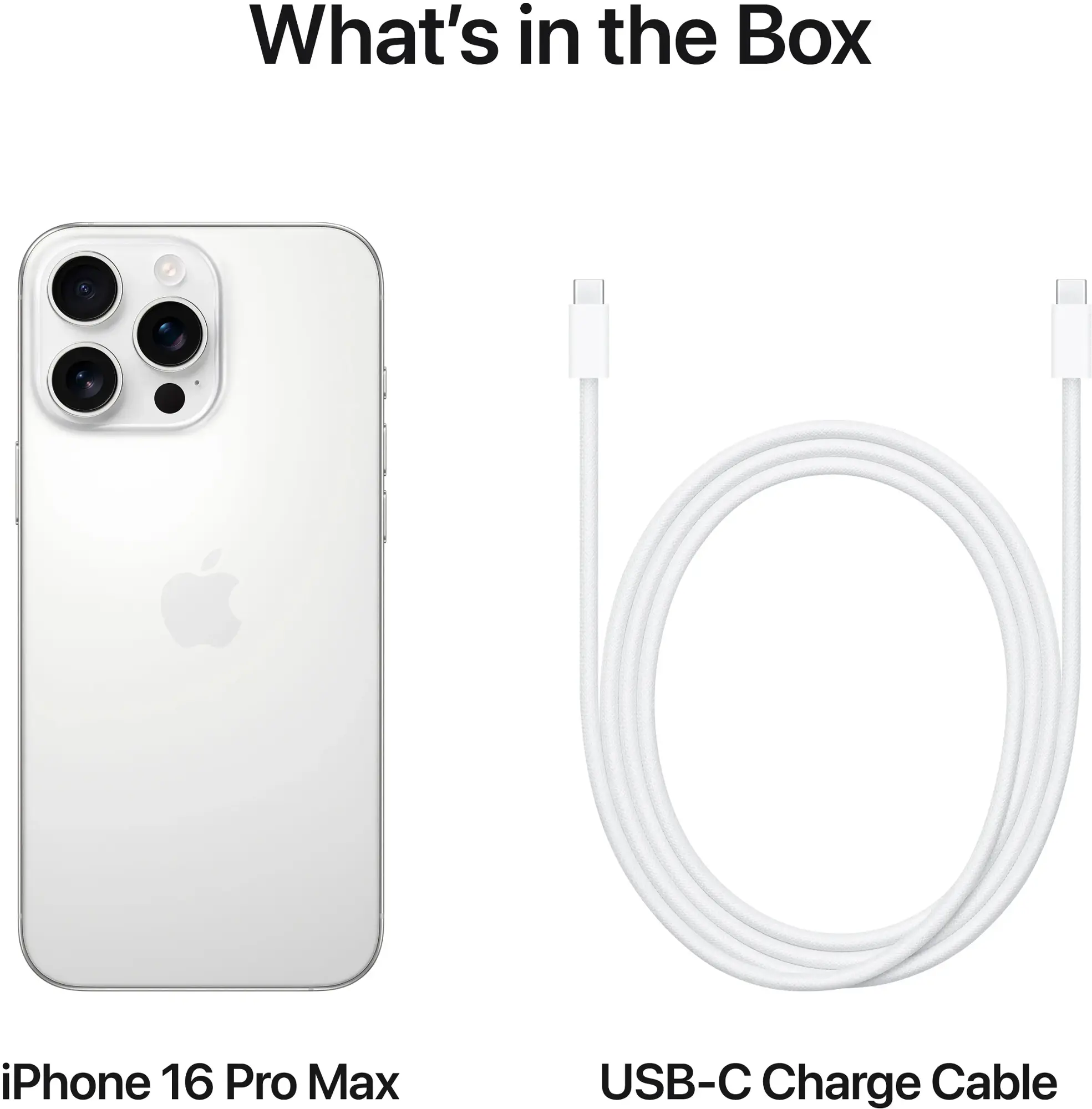iPhone 16 Pro Max i biały kabel do ładowania USB-C, na białym tle, odpowiednio opisane.