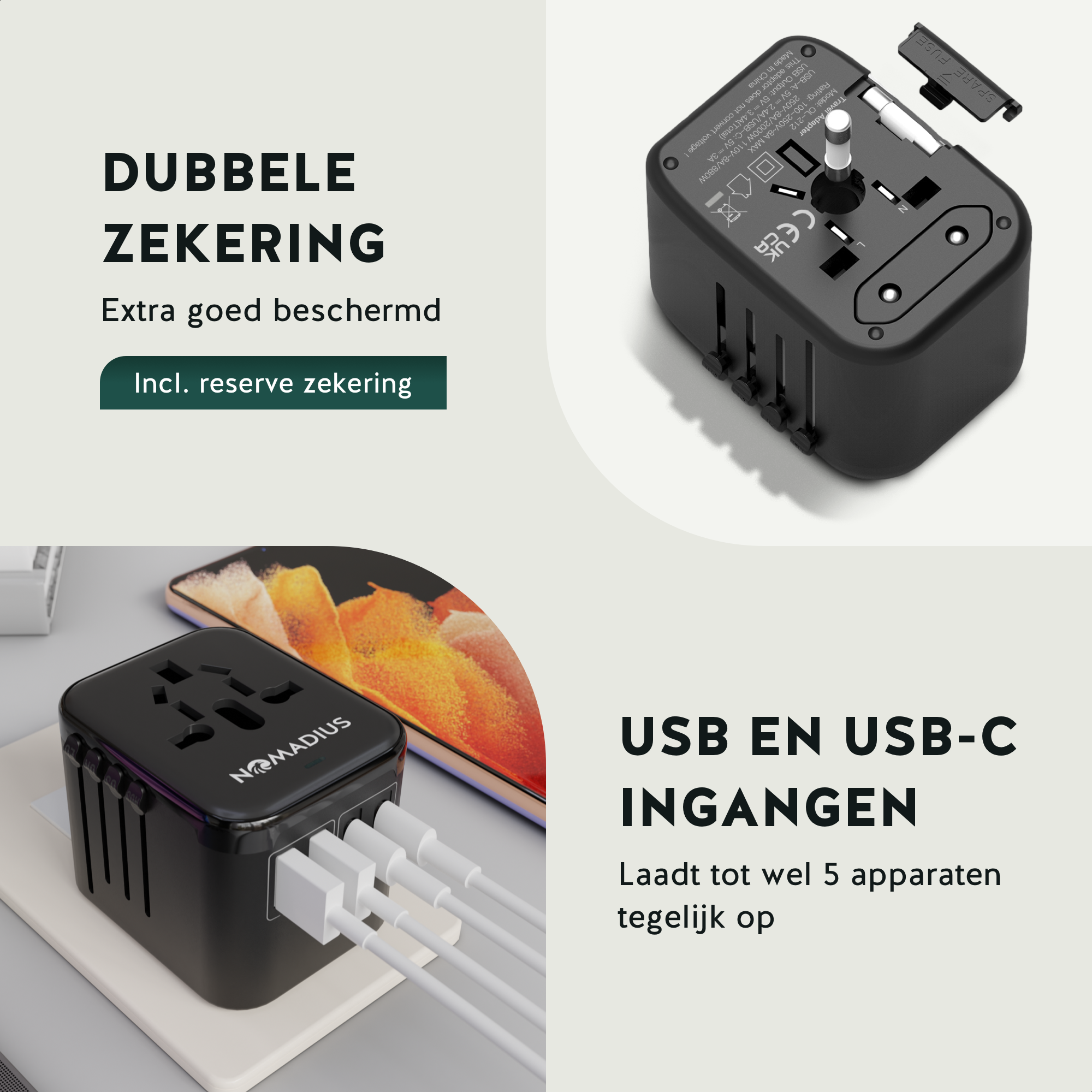Zwarte reisadapter met meerdere poorten. Hij is aangesloten op een muur. Een telefoon staat op de achtergrond.