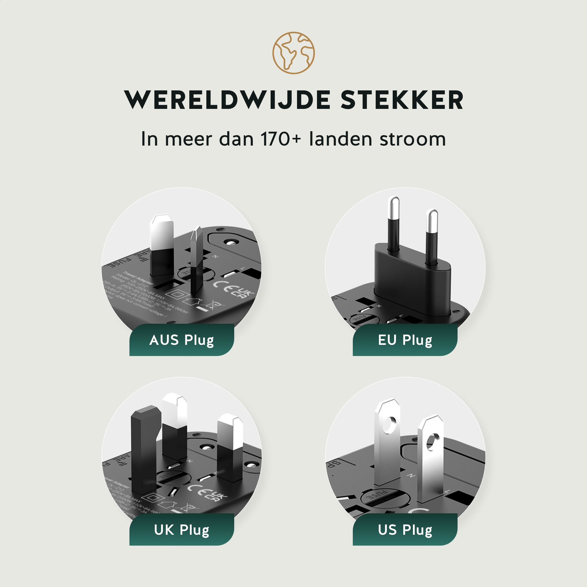 Vier stekkers: AUS, EU, UK en US. De tekst bovenaan luidt 'WERELDWIJDE STEKKER' en 'In meer dan 170+ landen'.